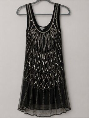 ANGIE Black Beaded Sequin Sleeveless Mesh Cocktail Dress XS Art Deco Party
